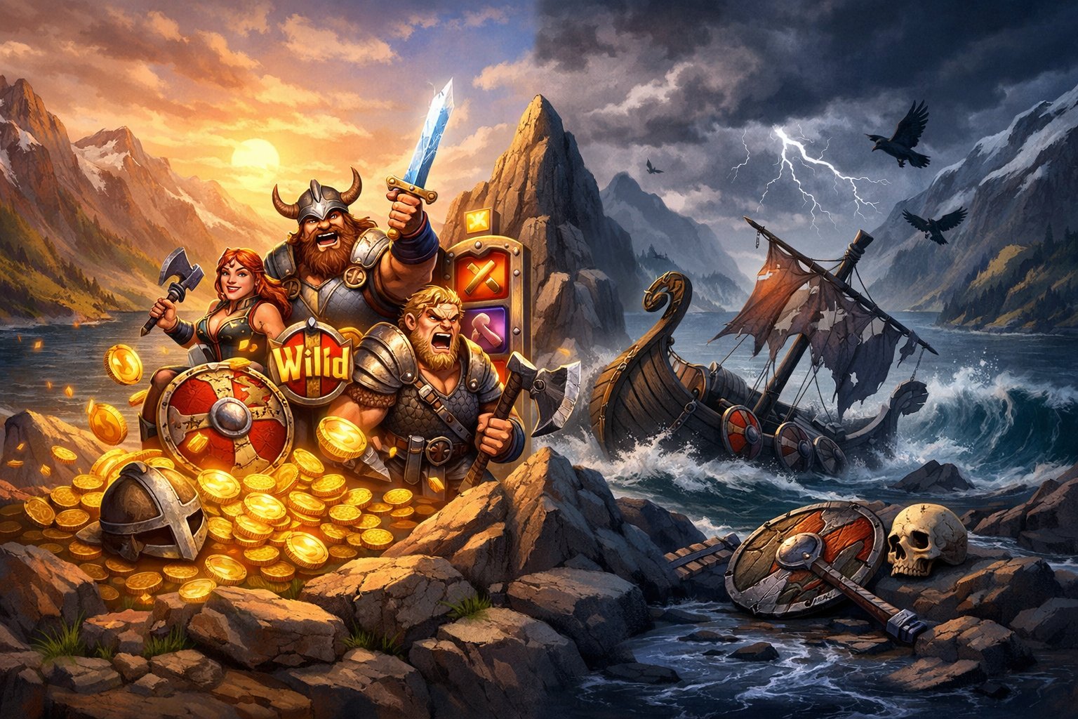 A Balanced Scene Showing Viking Warriors And Treasure On One Side And A Stormy Sea With A Sinking Ship On The Other, Representing Pros And Cons.