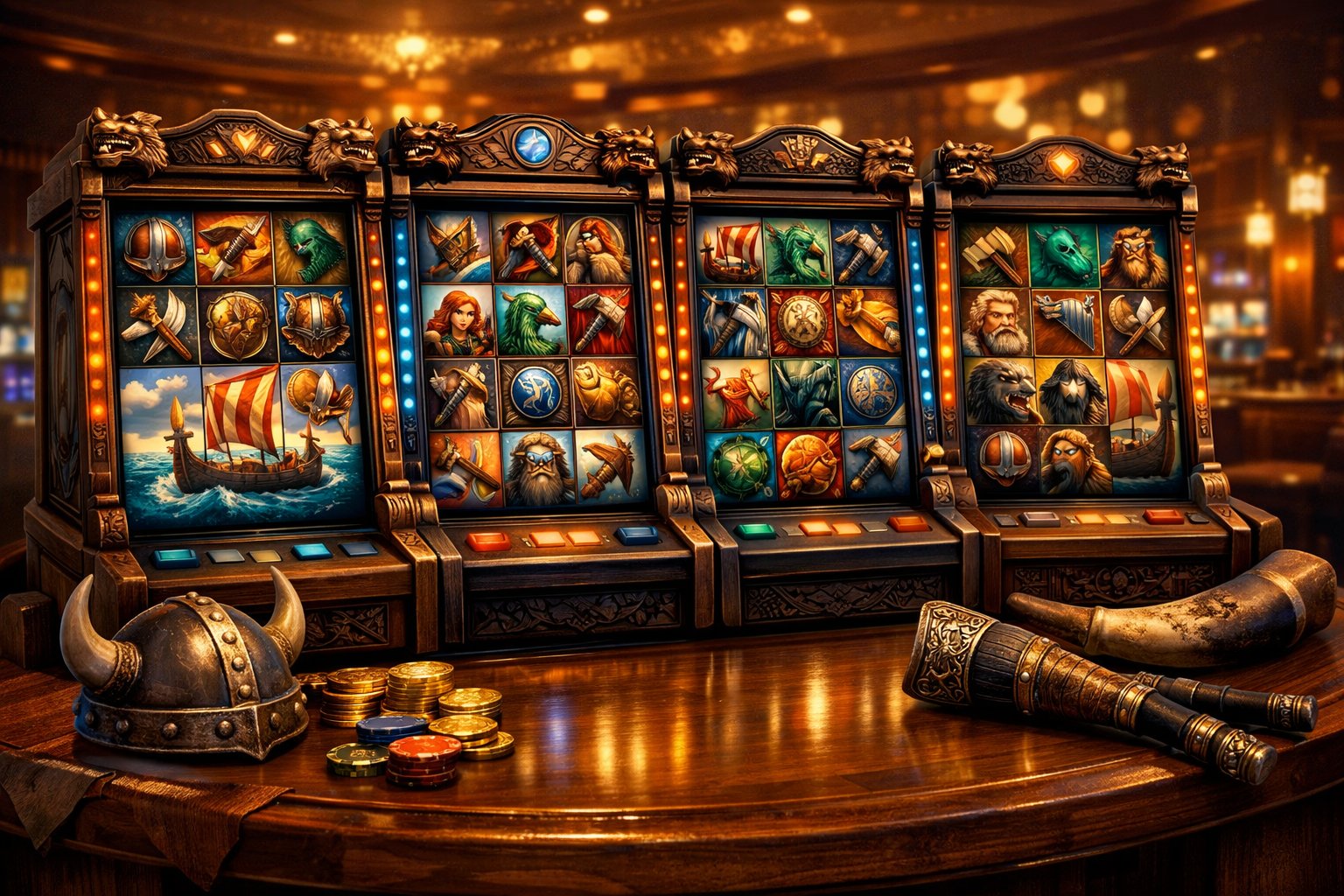 A Casino Table With Several VikingThemed Slot Machines Showing Reels With Viking Helmets, Axes, Shields, And Longships.