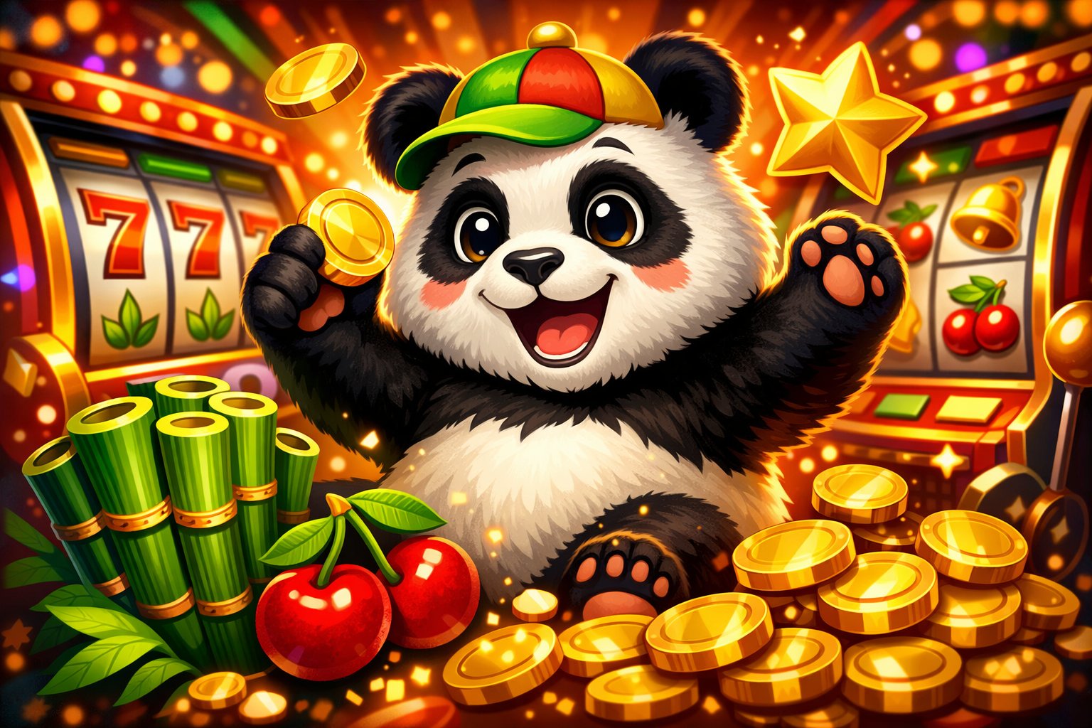 A Playful Panda Surrounded By Slot Machine Symbols Like Bamboo, Coins, And Stars In A Bright Casino Setting.