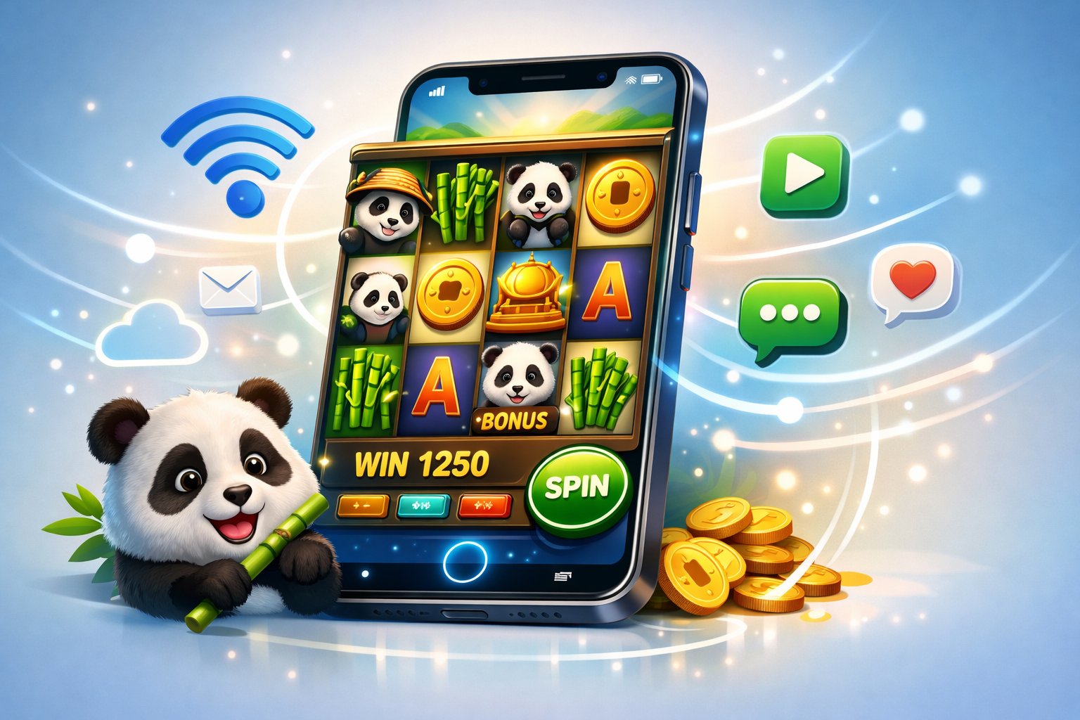 A Smartphone Showing PandaThemed Slot Reels With Digital Elements Representing Mobile Gaming And Connectivity.
