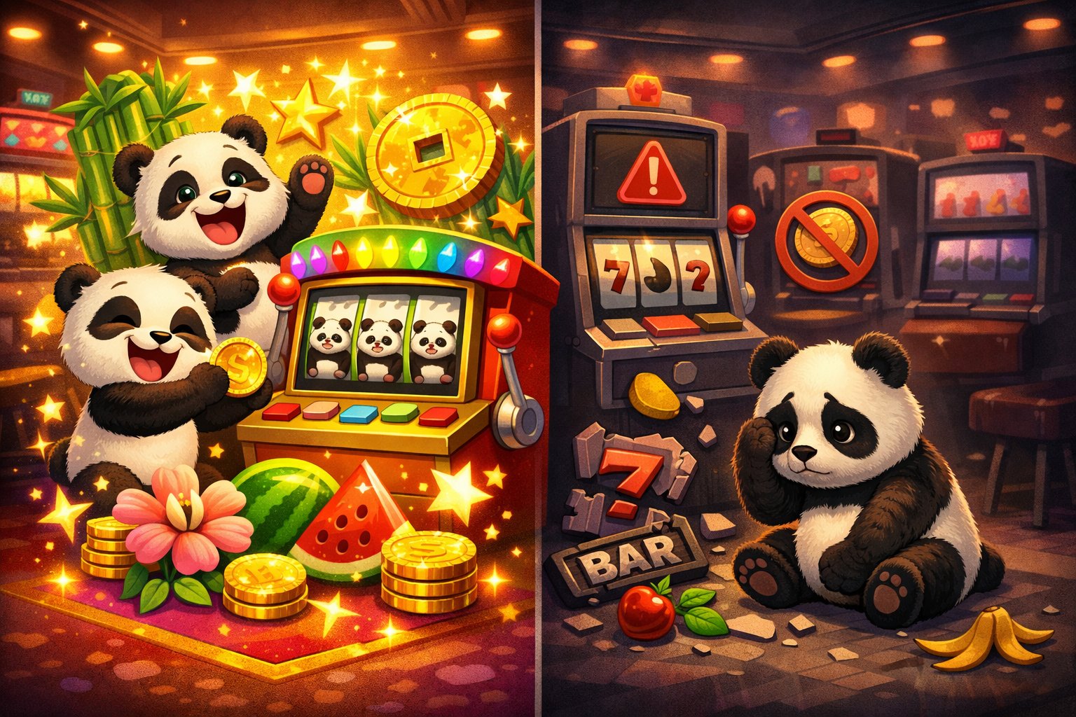 A Scene Showing Happy Pandas And Bright Slot Symbols On One Side, And A Concerned Panda With Duller Symbols On The Other, Set In A Casino Environment.
