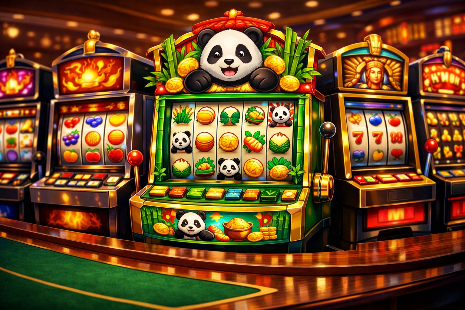 A Casino Table Displaying Various Colorful Slot Machines, Including A PandaThemed Slot Machine With Playful Decorations, Arranged Side By Side In A Lively Casino Setting.