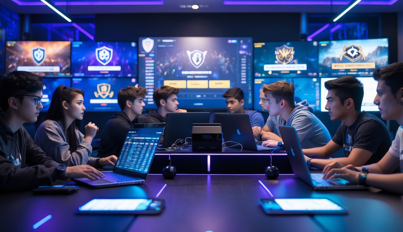 Sekelompok orang muda sedang menonton turnamen esports di layar besar dan memasang taruhan menggunakan perangkat digital di ruang permainan modern.