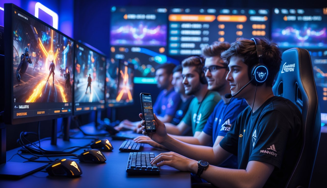 Sekelompok orang muda sedang menggunakan komputer dan ponsel untuk bertaruh pada permainan esports profesional di sebuah ruang gaming modern.