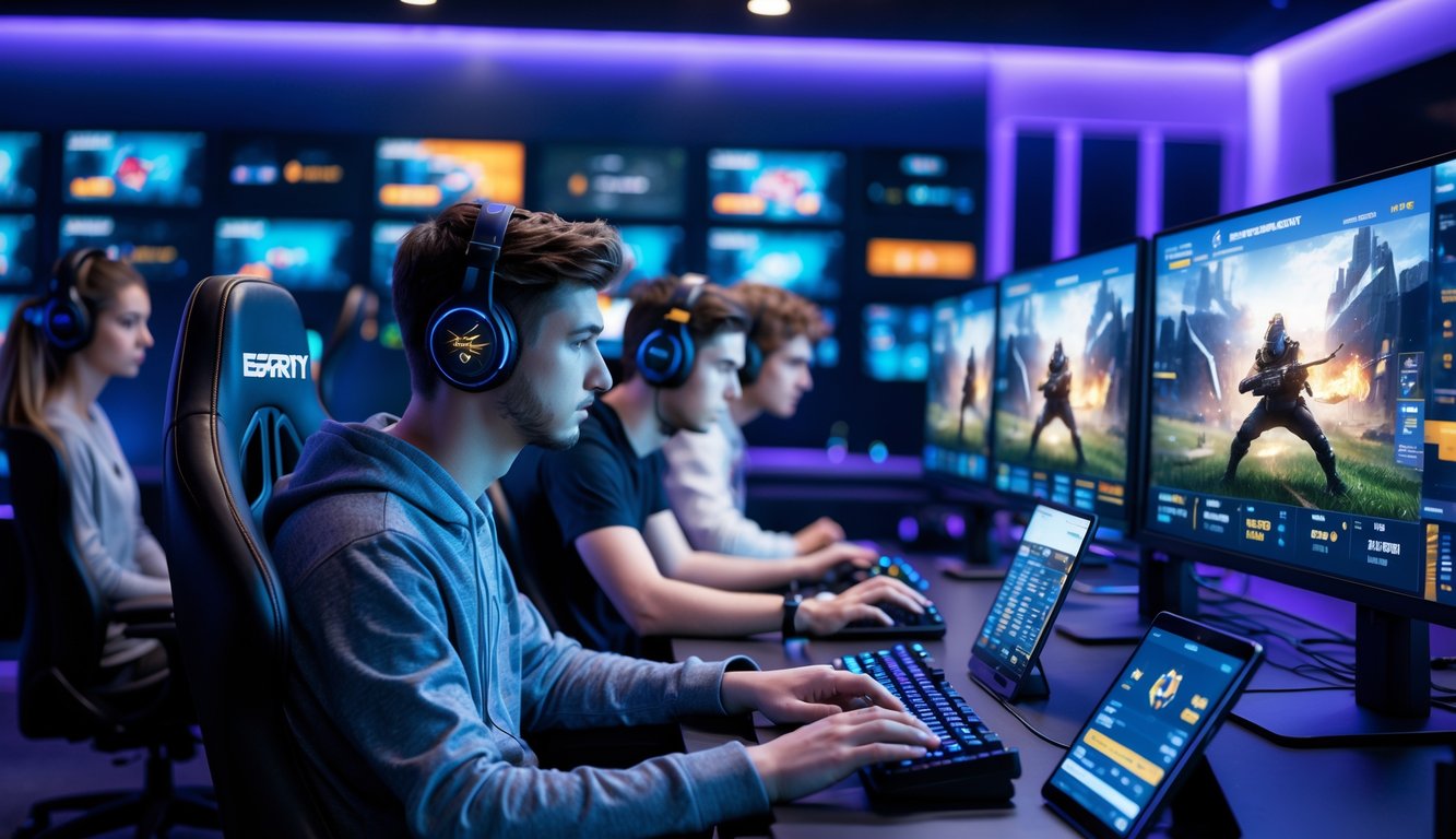 Sekelompok orang muda sedang fokus bermain dan bertaruh pada permainan esports di ruang gaming modern dengan peralatan canggih.