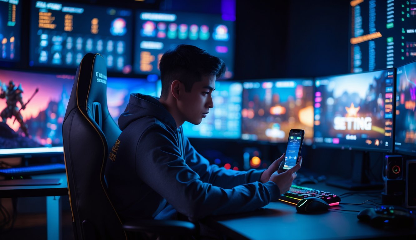 Seorang pria muda sedang duduk di depan komputer dengan layar menampilkan permainan esports, sambil memegang ponsel yang menunjukkan aplikasi taruhan online dalam ruangan dengan pencahayaan berwarna.