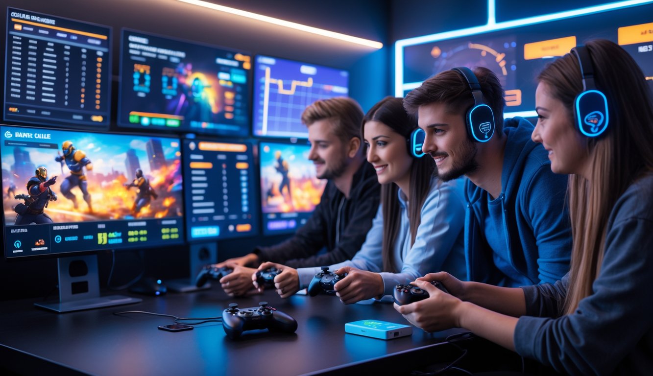 Sekelompok orang muda sedang bermain dan bertaruh pada permainan esports di ruangan dengan beberapa layar komputer dan perangkat elektronik.