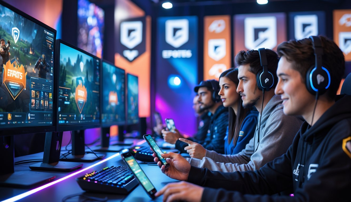 Sekelompok orang muda sedang menggunakan perangkat digital untuk bertaruh pada turnamen game populer seperti Dota 2 dan League of Legends di sebuah ruang dengan peralatan gaming modern.