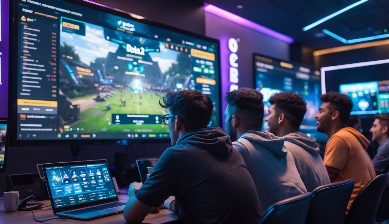 Sekelompok orang muda menonton pertandingan esports di layar besar dengan suasana gaming lounge yang modern dan penuh semangat.