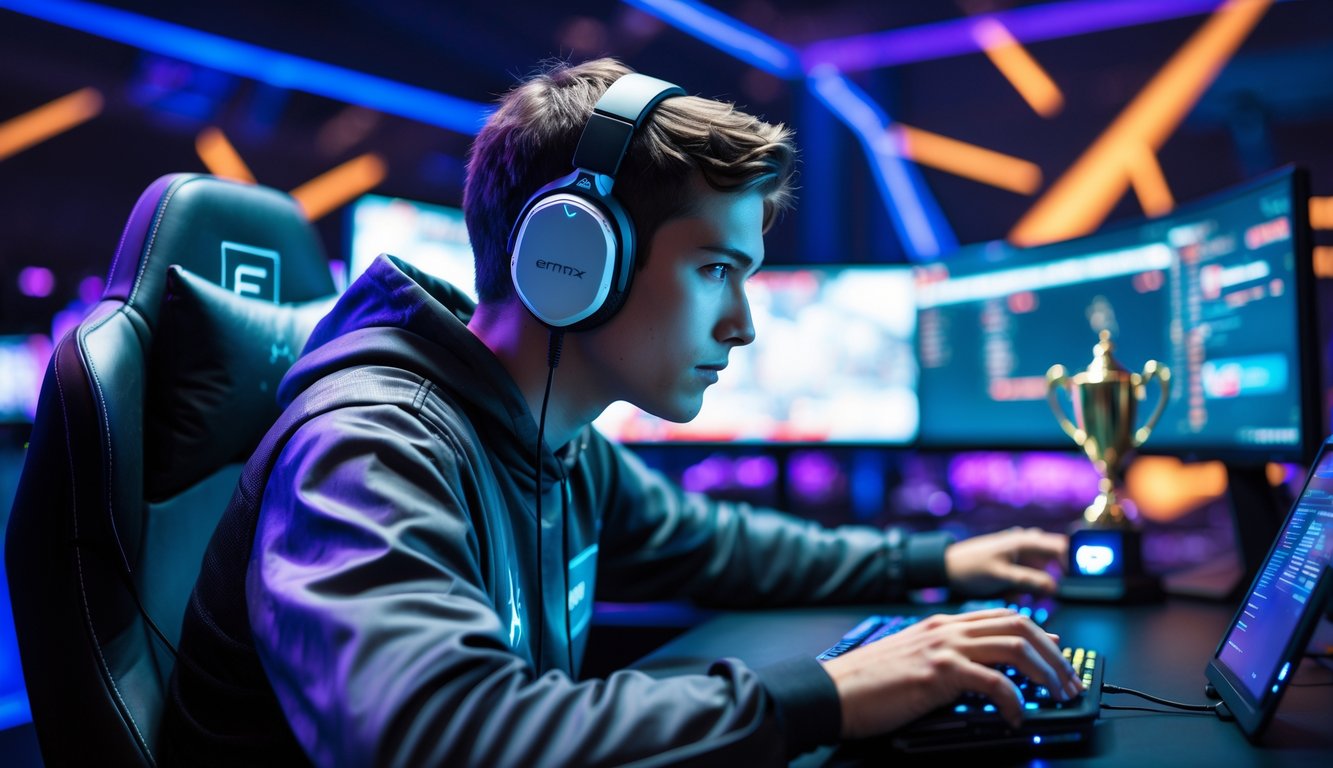 Seorang pemain esports yang fokus di depan komputer dengan headset, dikelilingi oleh peralatan gaming dan suasana turnamen esports.