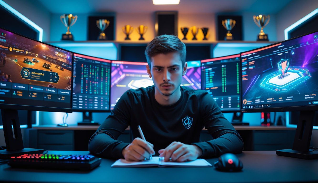 Seorang pria muda fokus di depan beberapa monitor komputer yang menampilkan permainan turnamen esports dan peluang taruhan, duduk di meja dengan perlengkapan gaming dan pencahayaan RGB.