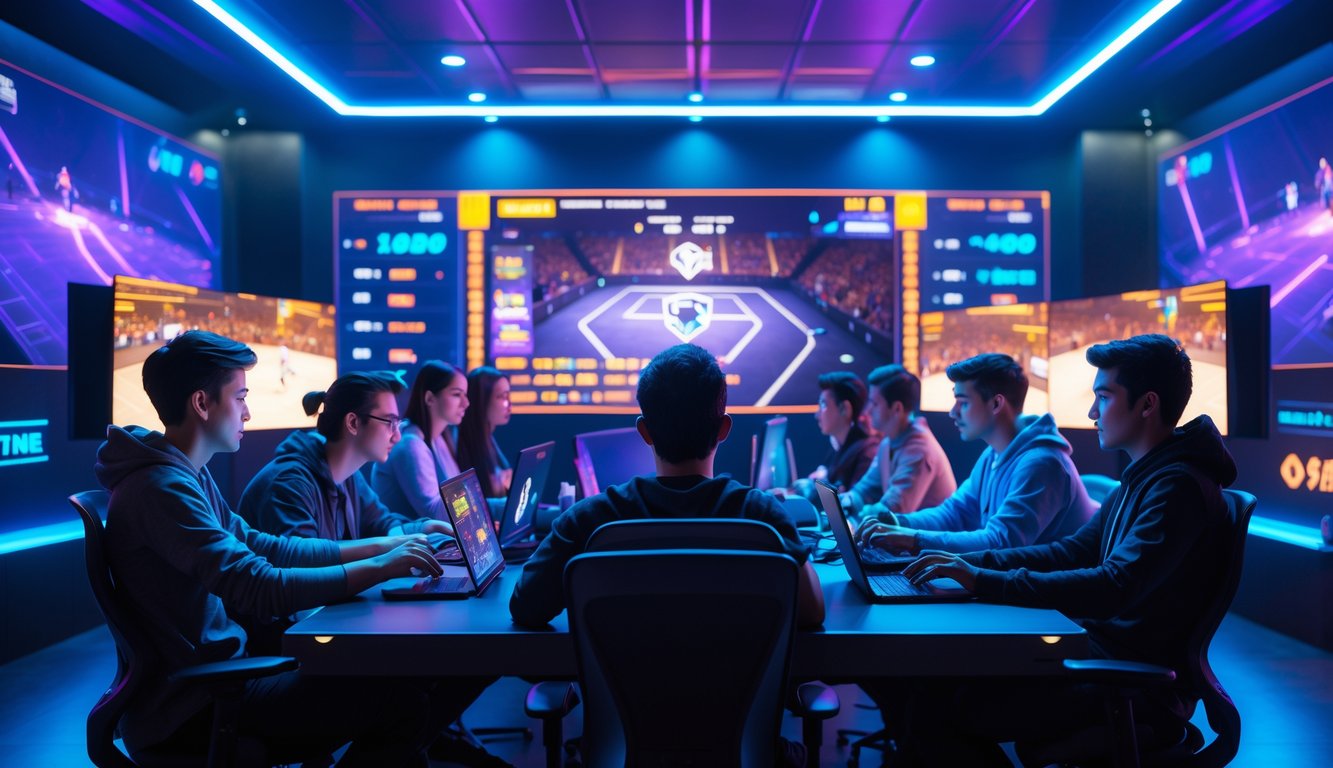 Sekelompok orang muda sedang memasang taruhan langsung pada pertandingan esports yang sedang berlangsung di sebuah ruangan gaming modern.