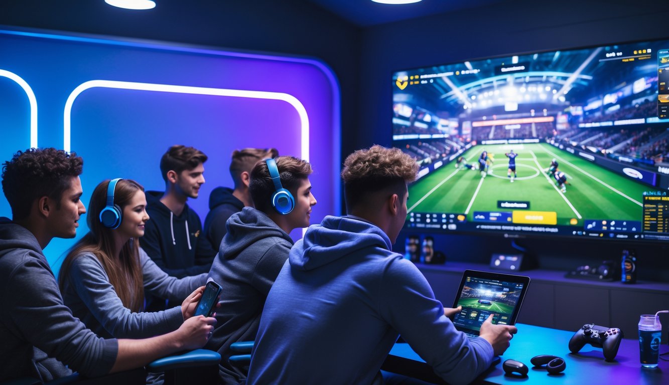 Sekelompok orang muda sedang menonton pertandingan esports secara langsung dan menggunakan perangkat digital untuk memasang taruhan dalam suasana ruangan modern dengan pencahayaan biru dan ungu.