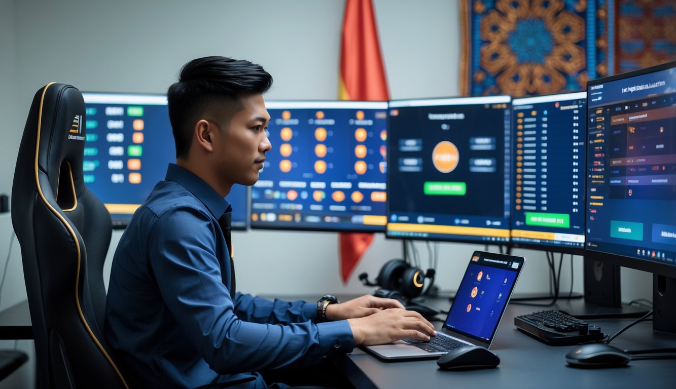 Seorang pria muda Indonesia duduk di depan komputer dengan beberapa layar yang menampilkan permainan esports dan taruhan langsung.