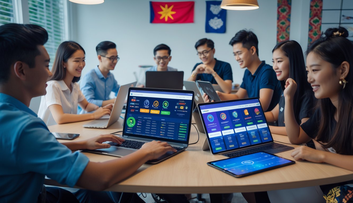 Sekelompok orang muda menggunakan perangkat digital untuk bertaruh pada game esports di ruang kerja modern dengan elemen budaya Indonesia.