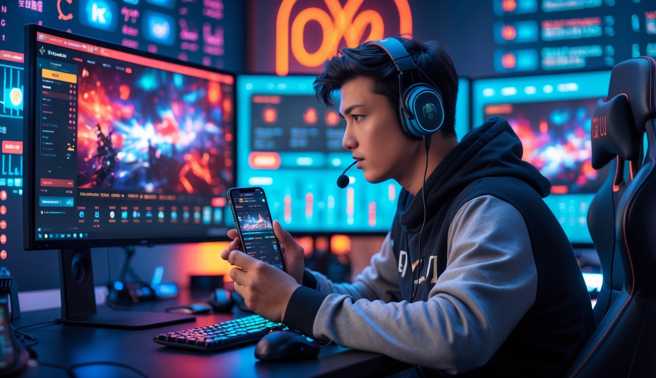 Seorang pemain muda sedang menggunakan komputer dan ponsel untuk taruhan judi esports dengan tampilan game dan statistik di layar.