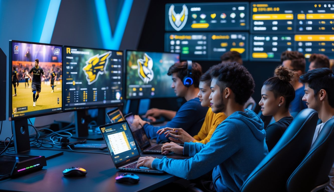 Sekelompok orang muda sedang menggunakan komputer dan ponsel untuk taruhan judi esports di sebuah ruangan modern dengan layar yang menampilkan permainan dan peluang taruhan.