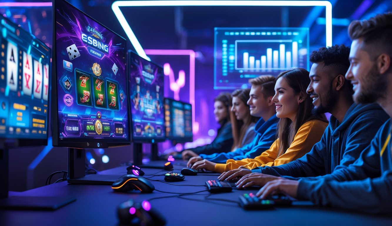 Sekelompok orang muda bermain game esports dan perjudian digital di ruang dengan monitor dan lampu neon futuristik.