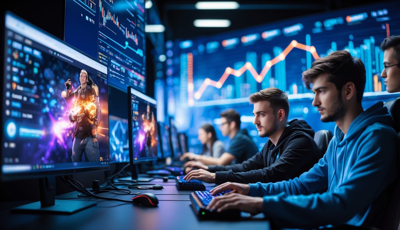 Sekelompok orang muda sedang menggunakan komputer dengan tampilan permainan esports dan grafik pertumbuhan di latar belakang.