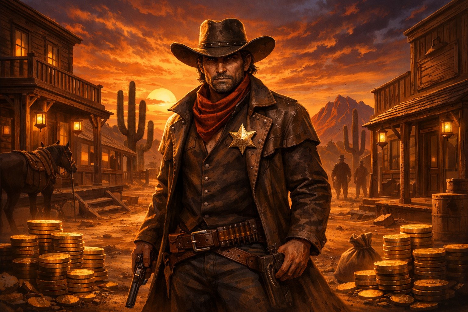 A Cowboy Stands In A Dusty Desert Town At Sunset, Surrounded By Wooden Buildings, Cacti, And Gold Coins.