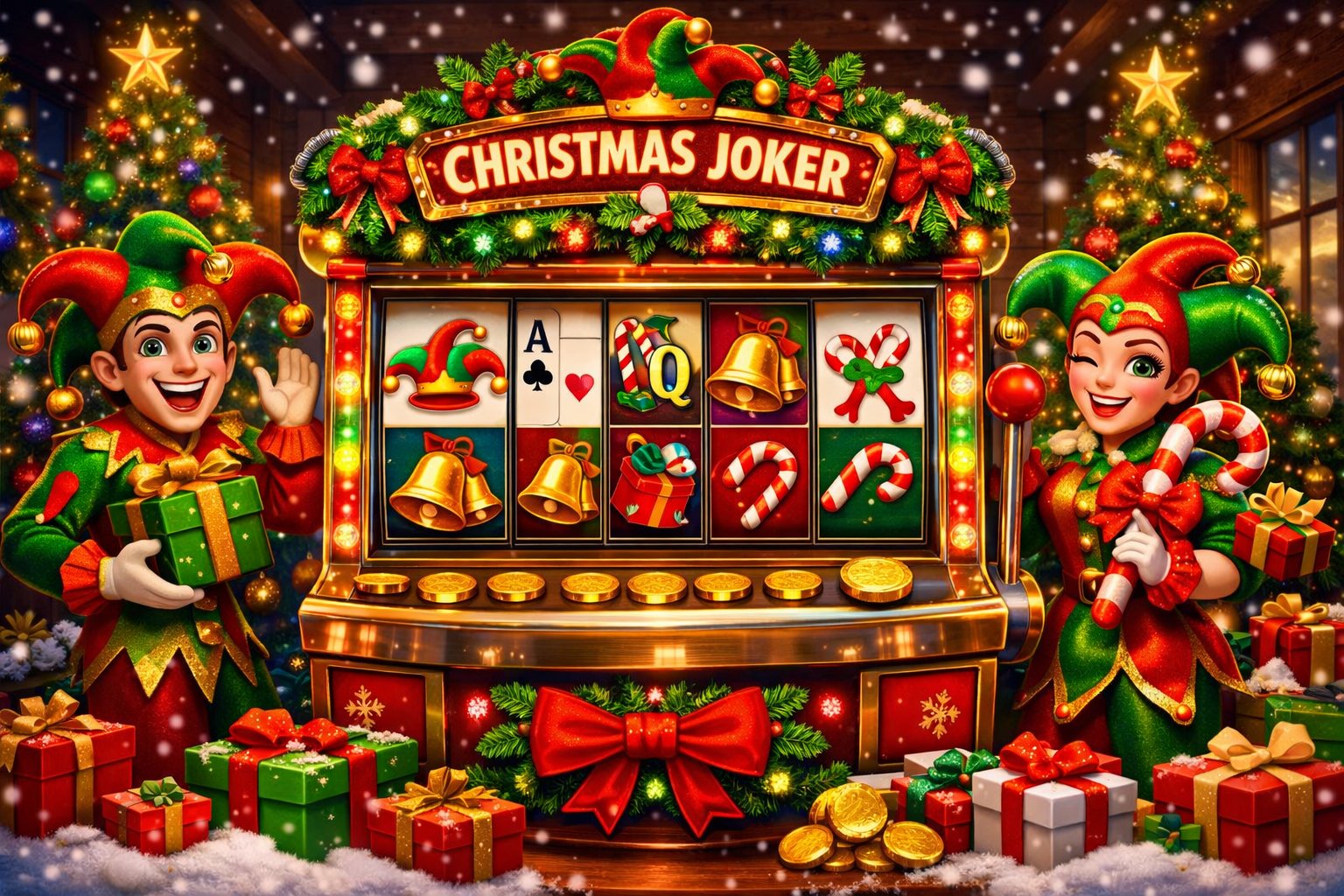 A Festive Slot Machine Decorated With Christmas Ornaments And Joker Symbols, Surrounded By Cheerful Joker Characters And Holiday Decorations In A Snowy Winter Setting.