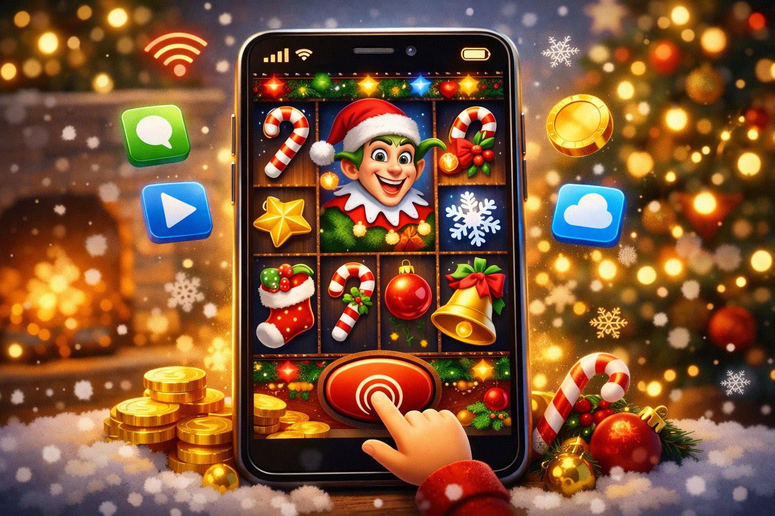 A Smartphone Displaying A ChristmasThemed Slot Game With Holiday Symbols And A Joker Character, Set Against A Snowy Winter Background With Festive Lights.