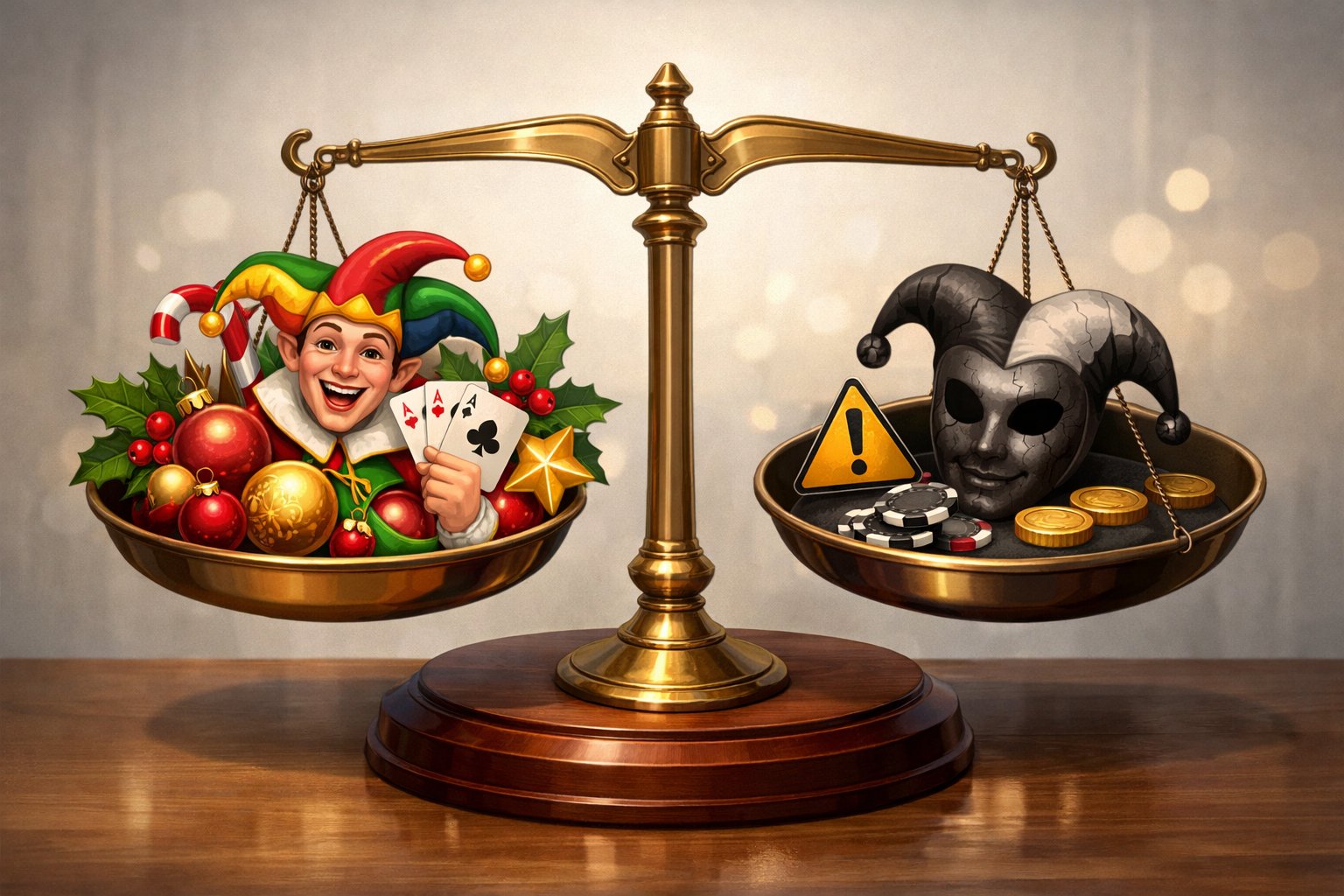 A Balanced Scale Showing Festive Christmas Elements And A Cheerful Joker On One Side, And Cautionary Symbols With A Dimmed Joker Mask On The Other, Representing Pros And Cons.