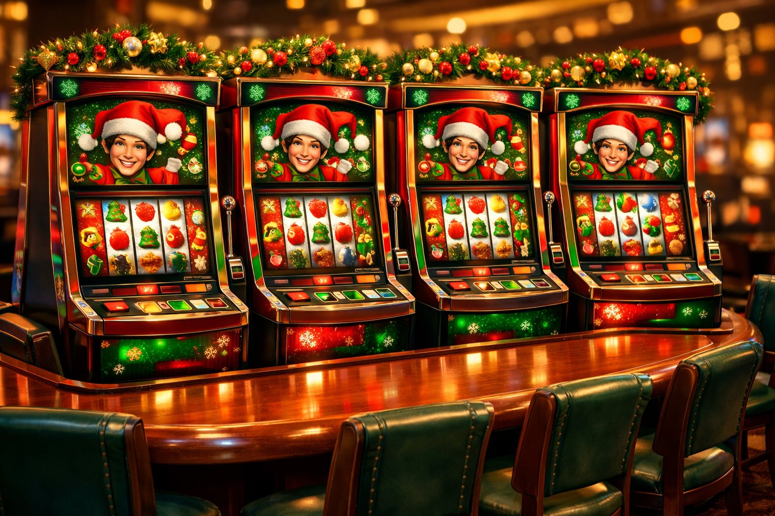 A Casino Table With Several ChristmasThemed Slot Machines Decorated With Festive Colors And Joker Characters Wearing Santa Hats.