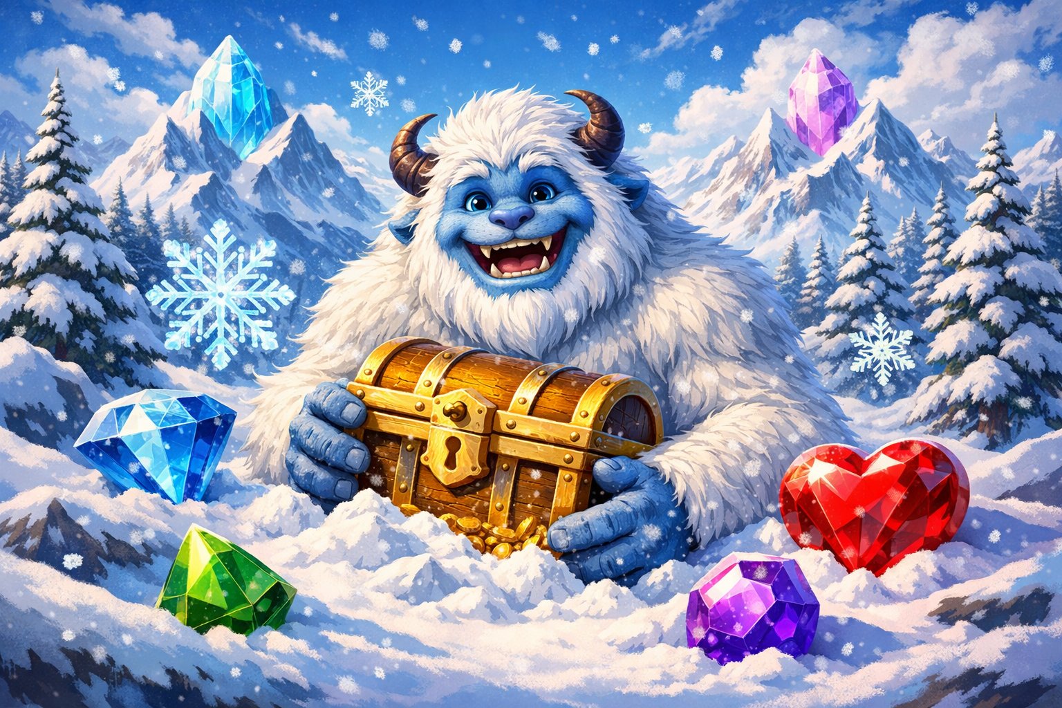 A Friendly Yeti Holding A Treasure Chest In A Snowy Mountain Landscape With Icy Gems And Snowflakes Around.