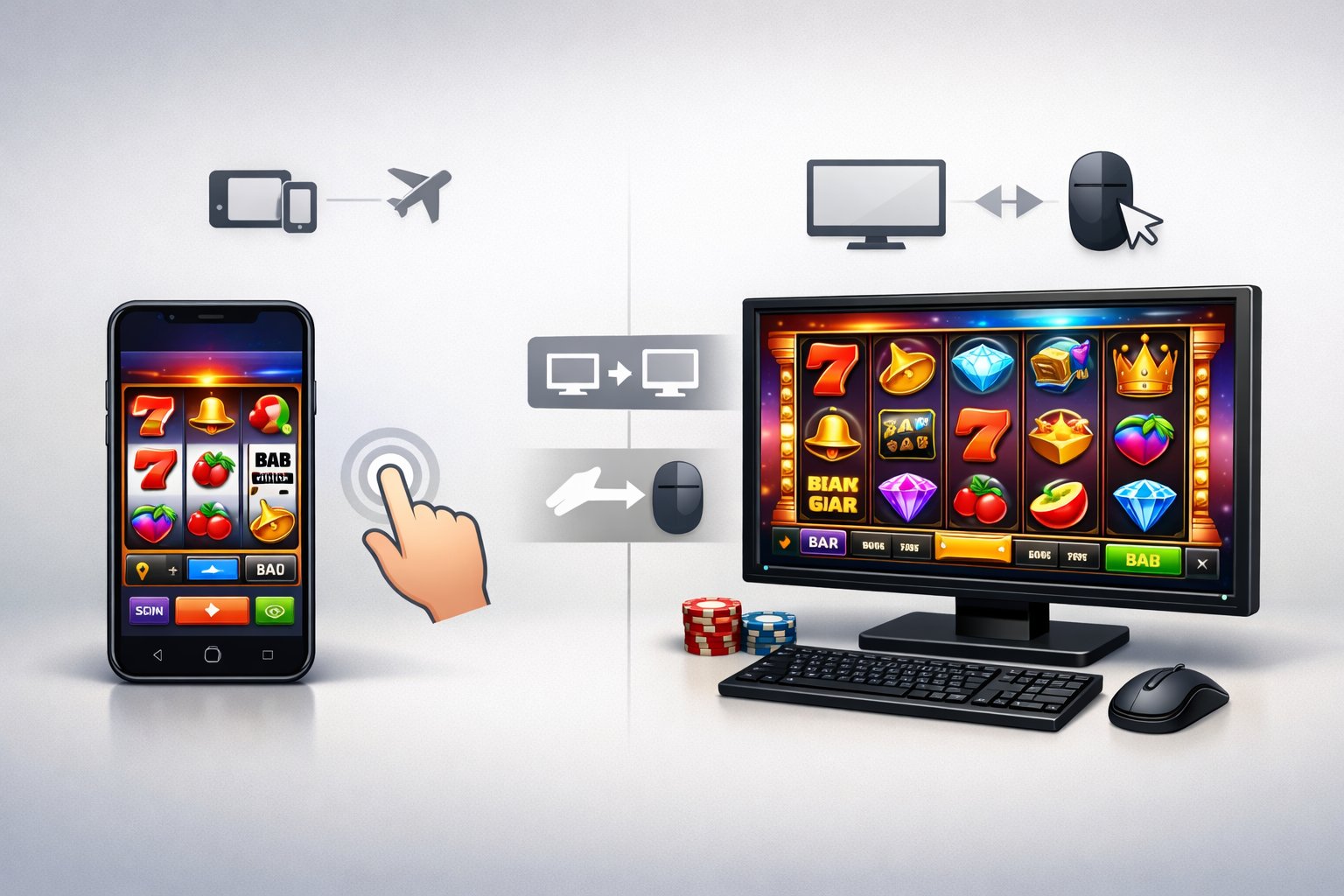 SideBySide Illustration Of A Smartphone And A Desktop Computer Showing Slot Machine Games, Highlighting The Differences Between Mobile And Desktop Slot Gaming.