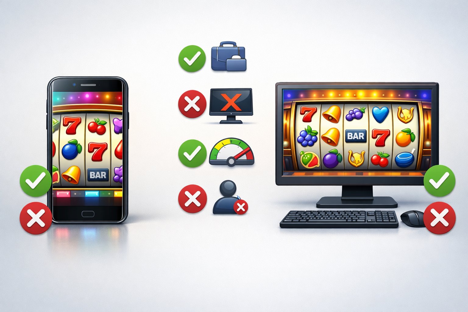 An Illustration Showing A Smartphone And A Desktop Computer Side By Side, Each Displaying Slot Machine Games, With Icons Representing Advantages And Disadvantages Between The Two Platforms.