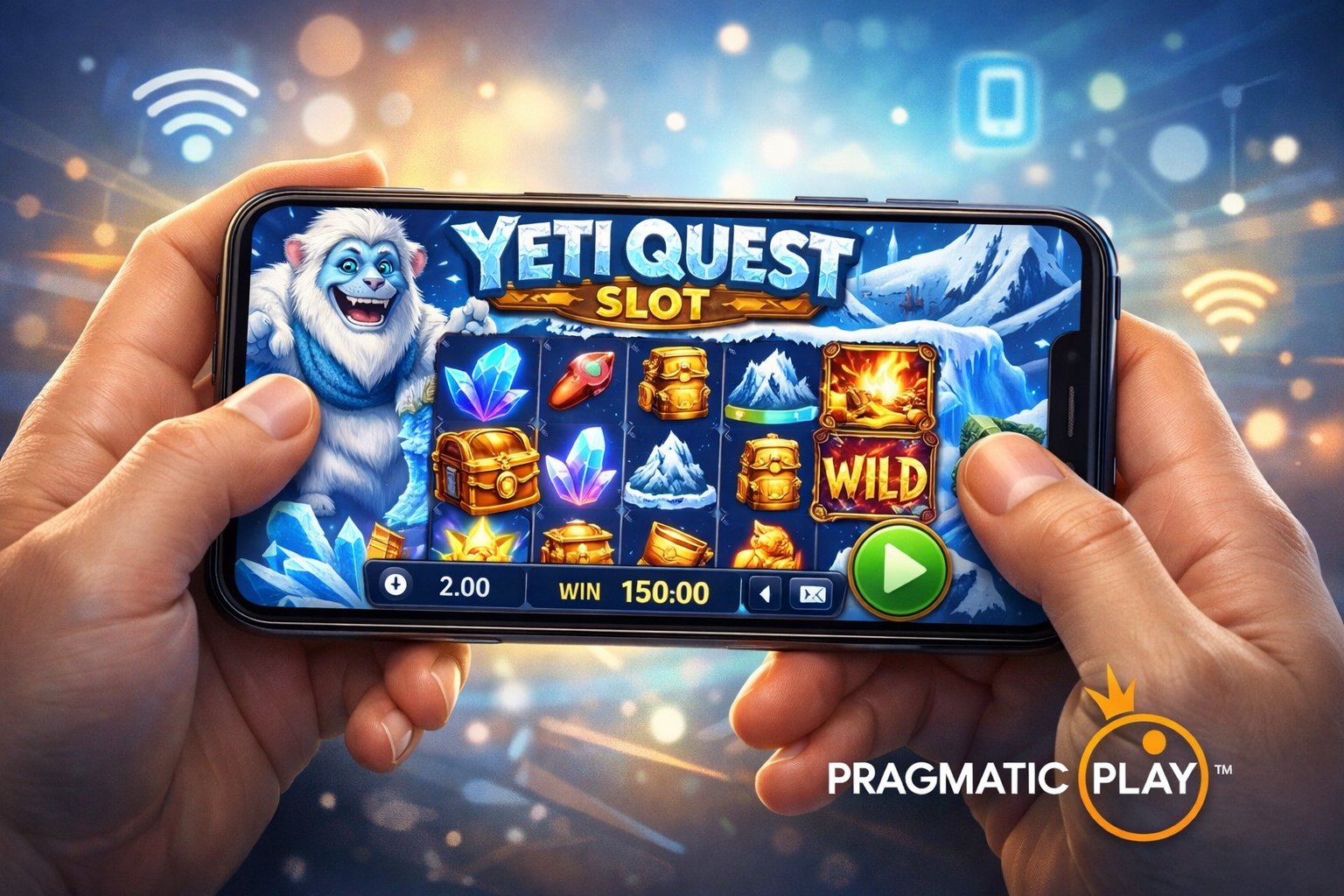 A Person Holding A Smartphone Showing A Snowy MountainThemed Slot Game With A Friendly Yeti And Treasure Icons On The Screen.