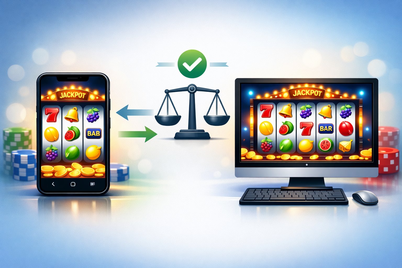 A Smartphone And A Desktop Computer Side By Side, Each Showing Colorful Slot Machine Game Screens, With Subtle Graphics Indicating A Comparison Between The Two.