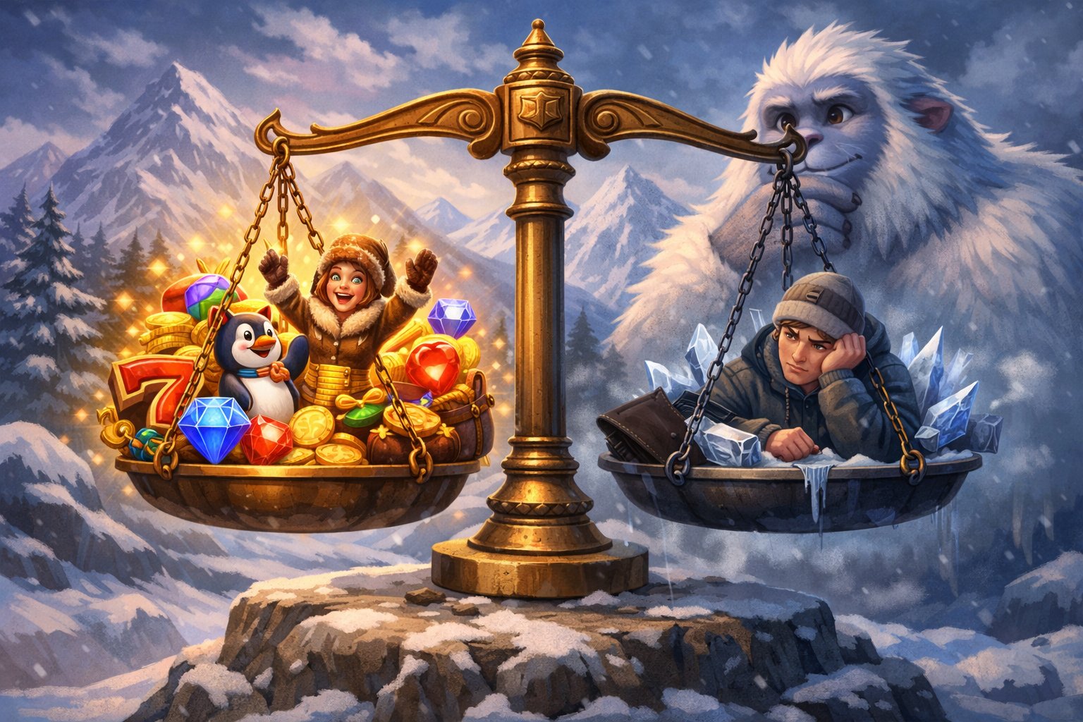 A Balanced Scale Showing Positive And Negative Elements Of A Yeti Quest Slot Game, With A Snowy Mountain And A Yeti In The Background.