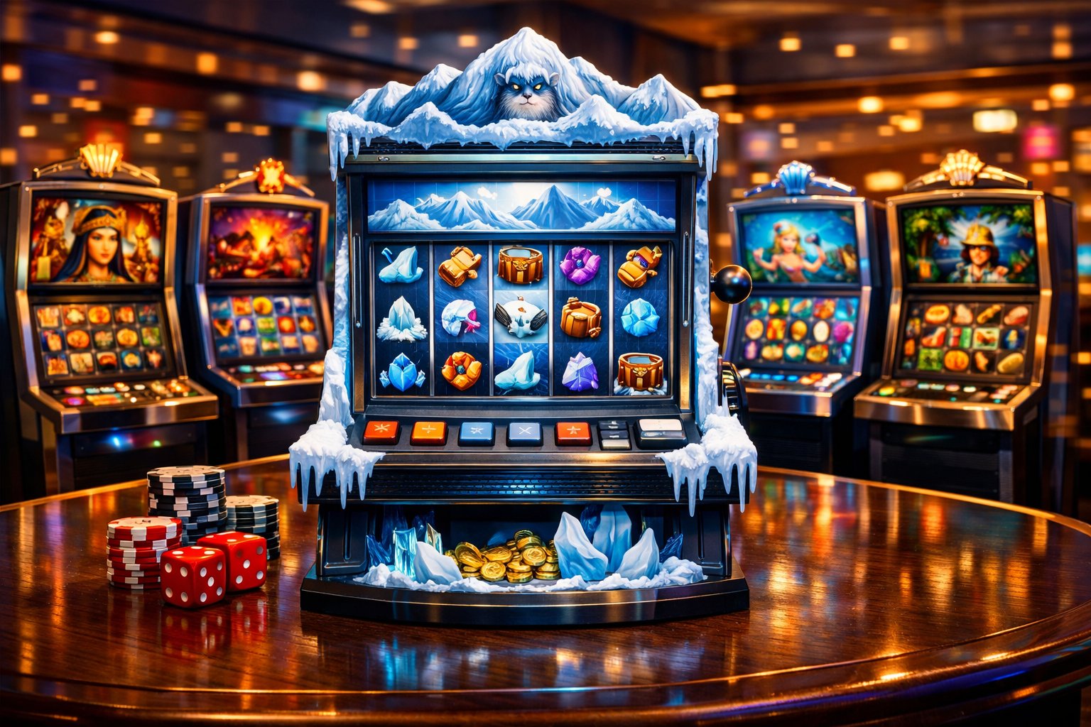 A Casino Table Displaying Various Slot Machines, Including One Themed Around A Yeti And Snowy Landscapes, Set In A Modern Casino Interior.