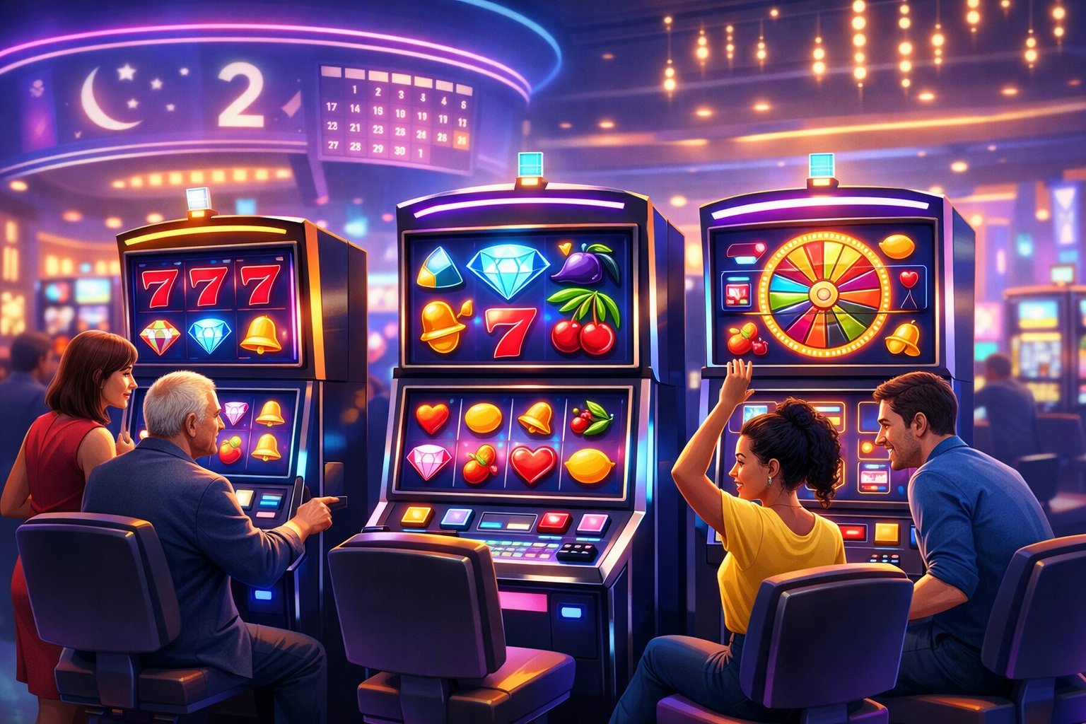 A Casino Floor With People Playing Colorful, Modern Slot Machines Showcasing New Releases.