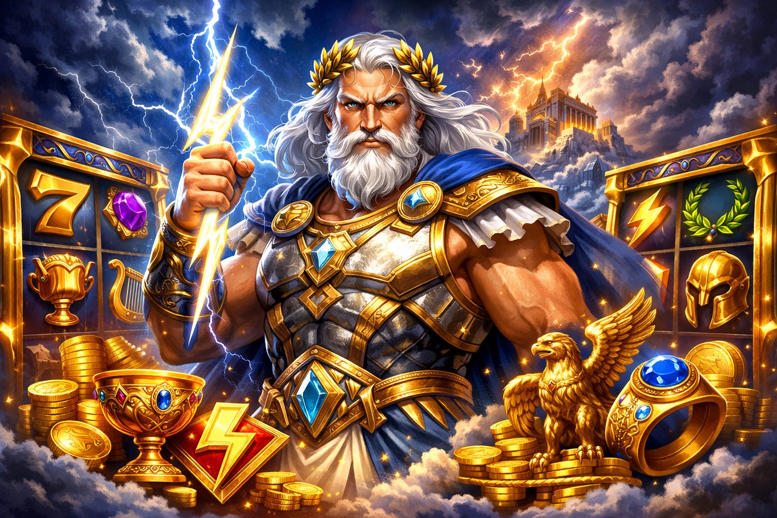 A Powerful Zeus Figure Holding A Lightning Bolt With Storm Clouds And Mount Olympus In The Background, Surrounded By Golden Coins And Slot Game Symbols.