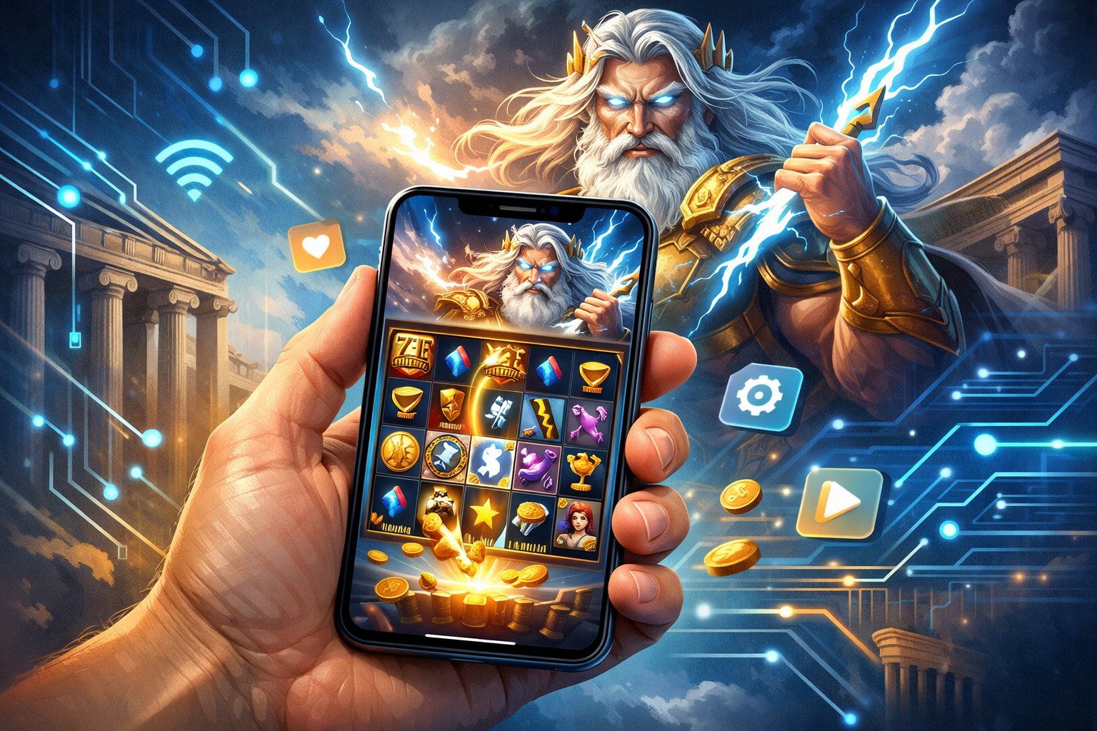 A Hand Holding A Smartphone Showing A Colorful Slot Game Screen With A Powerful Figure Resembling Zeus Wielding Lightning Bolts In The Background, Surrounded By Digital And Ancient Greek Design Elements.