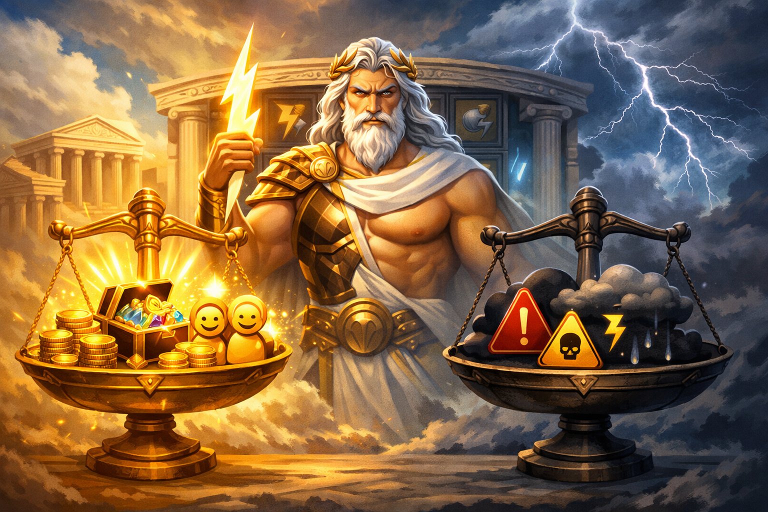 An Illustration Showing Zeus Holding A Lightning Bolt With A Balanced Scale Beside Him, One Side Glowing With Positive Icons Like Coins And Jackpots, The Other Side Darker With Caution Symbols, Set Against A Background Combining Ancient Greek And Slot Machine Elements.