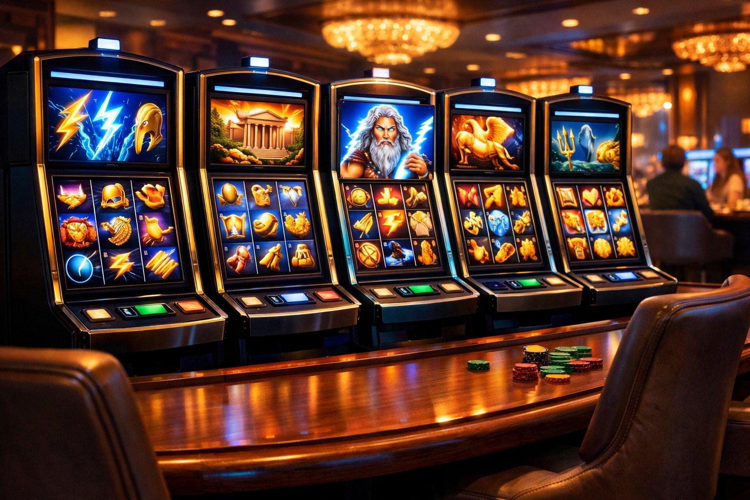 A Casino Table With Multiple Slot Machines Displaying ZeusThemed Symbols And Lightning Bolts In A Modern Casino Setting.
