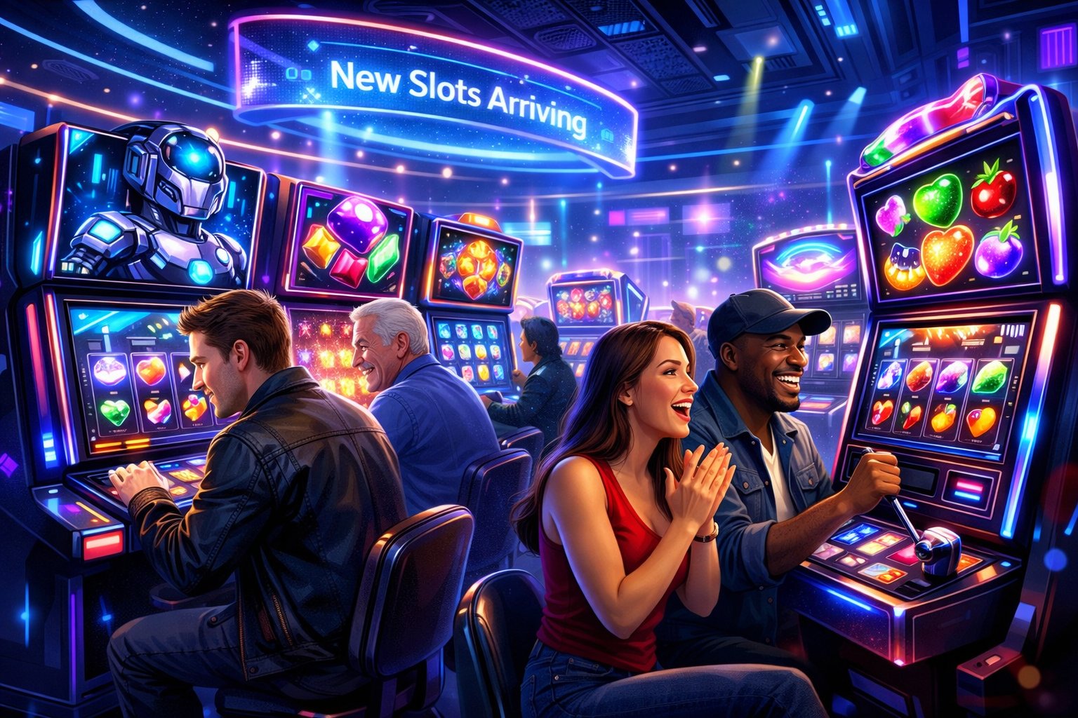 A Modern Casino Floor With Glowing Slot Machines And Diverse Players Enjoying New Slot Games.