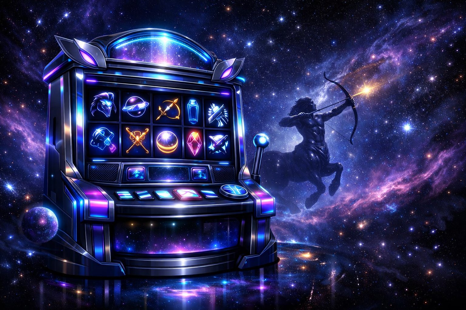 A Futuristic Slot Machine With Glowing Neon Lights Surrounded By Stars, Galaxies, And A Centaur Archer Silhouette In A Deep Space Background.