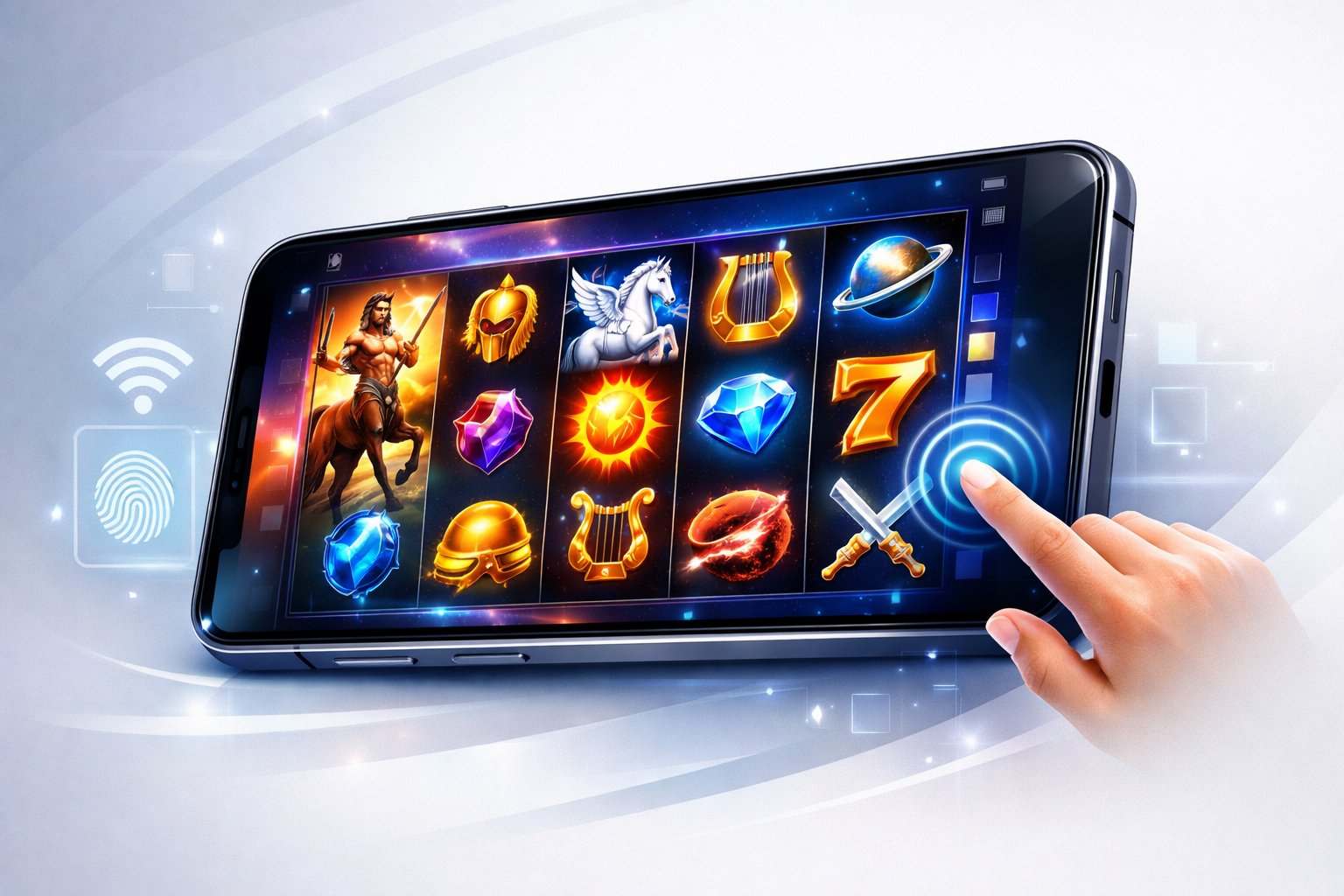 A Mobile Device Displaying A Colorful Slot Game Interface With Mythical And Futuristic Symbols, Surrounded By Digital Icons Indicating Mobile Compatibility.