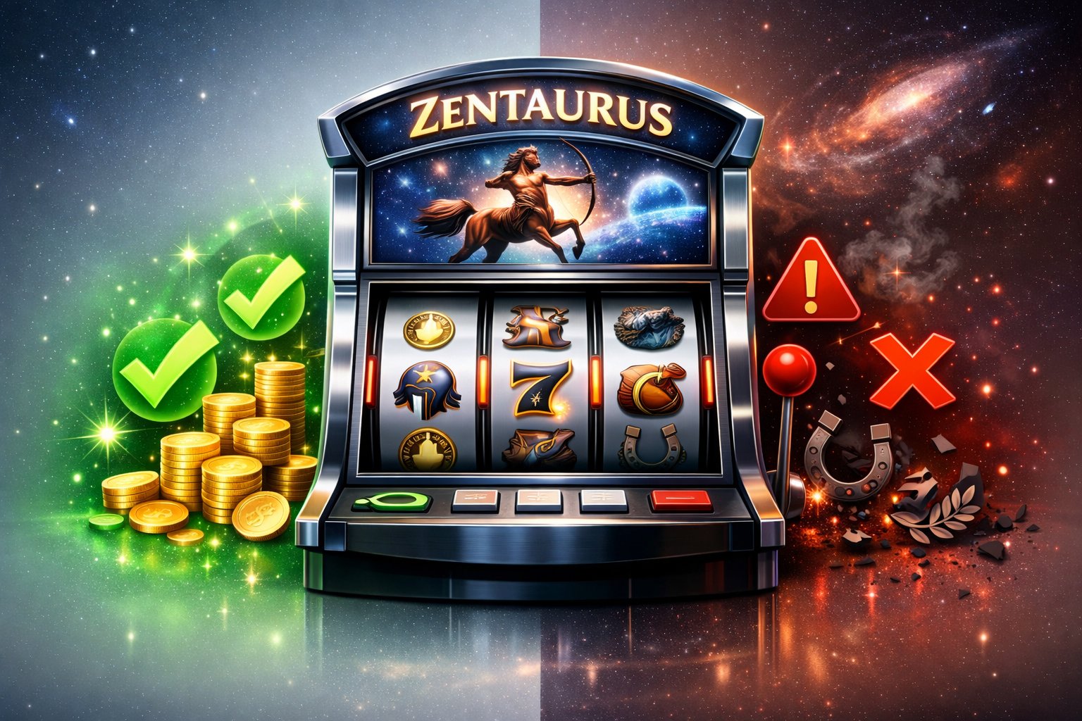 A Slot Machine With Cosmic And Centaur Elements, Showing Symbols Representing Advantages On One Side And Disadvantages On The Other.