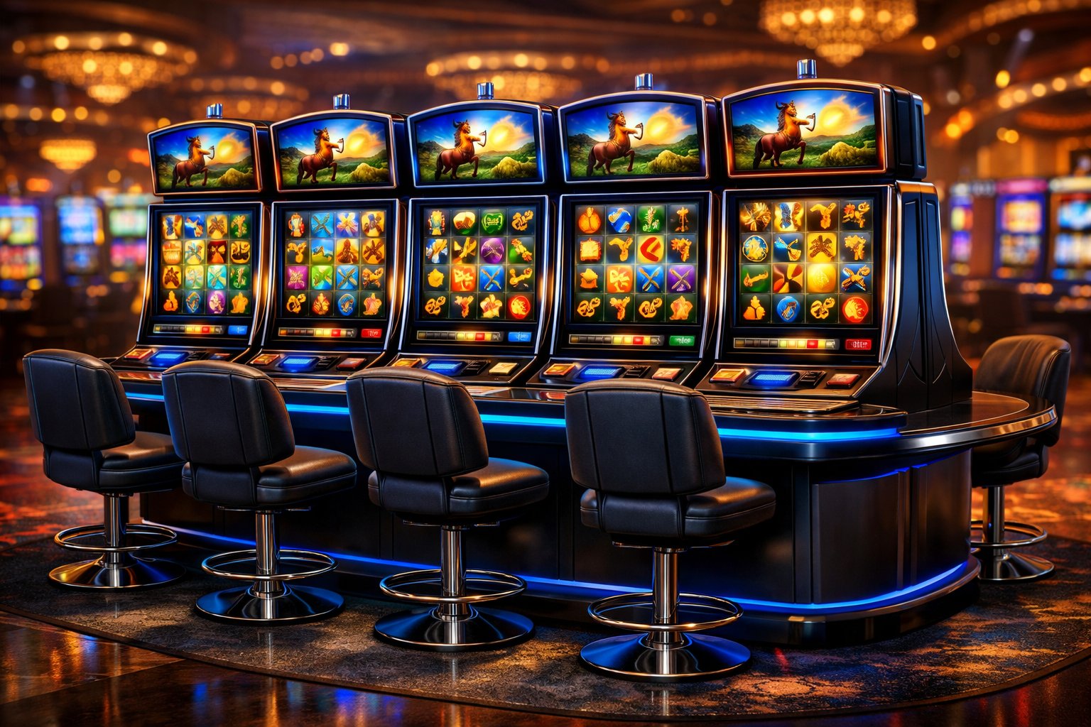 A Casino Table With Several Colorful Slot Machines Arranged Side By Side In A Lively Casino Setting.