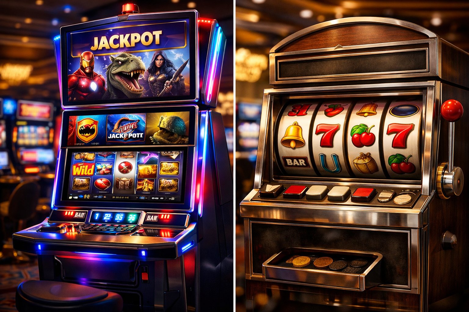 A SideBySide View Of A Branded Slot Machine And An Original Slot Machine In A Casino Setting.