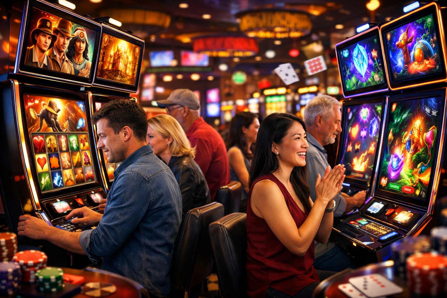 A Group Of People Playing Different Slot Machines In A Modern Casino, Showing Various Game Designs And Focused Expressions.