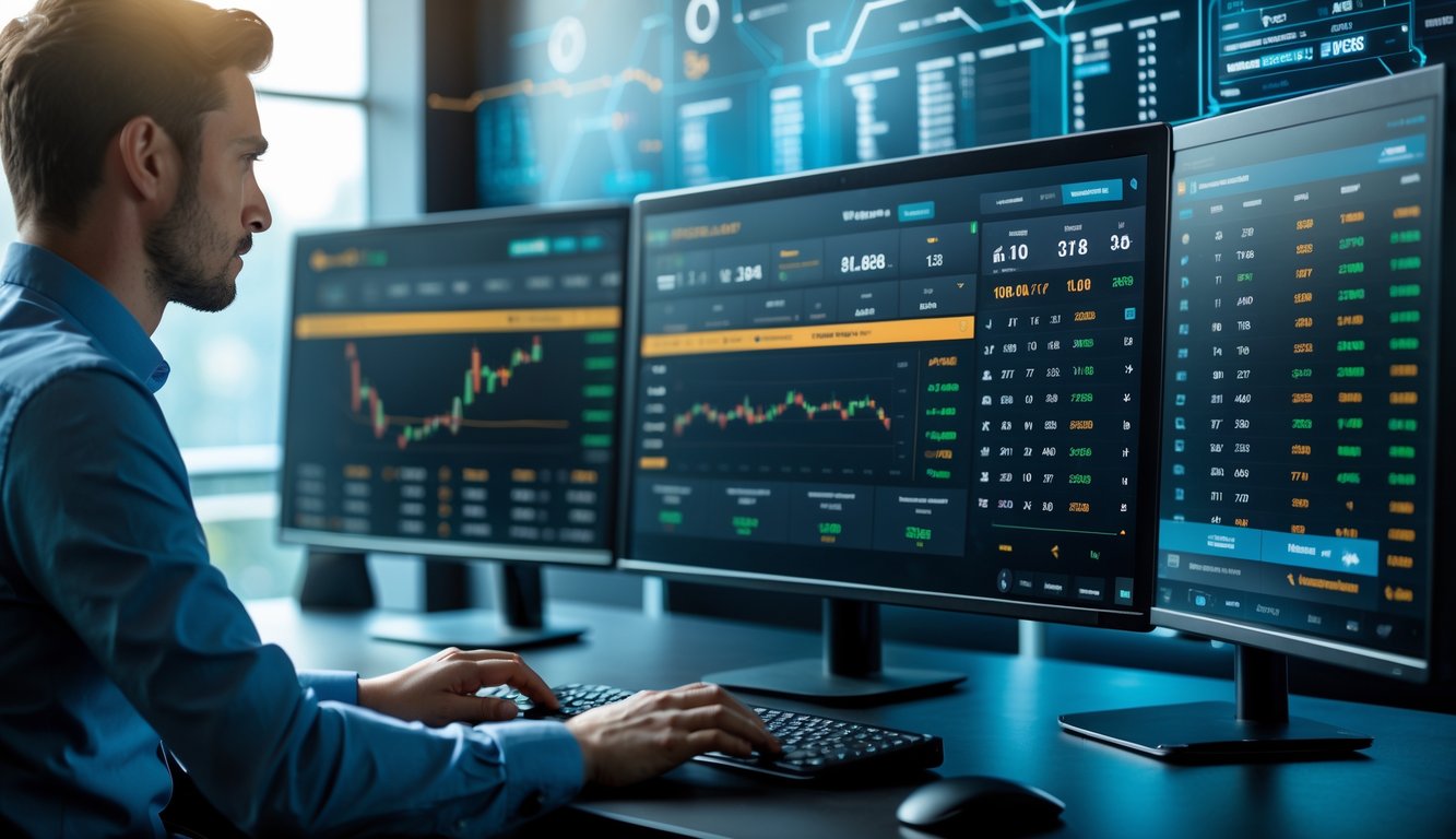 Seorang pria bekerja di depan beberapa layar komputer yang menampilkan data taruhan online dengan suasana kerja yang modern dan profesional.