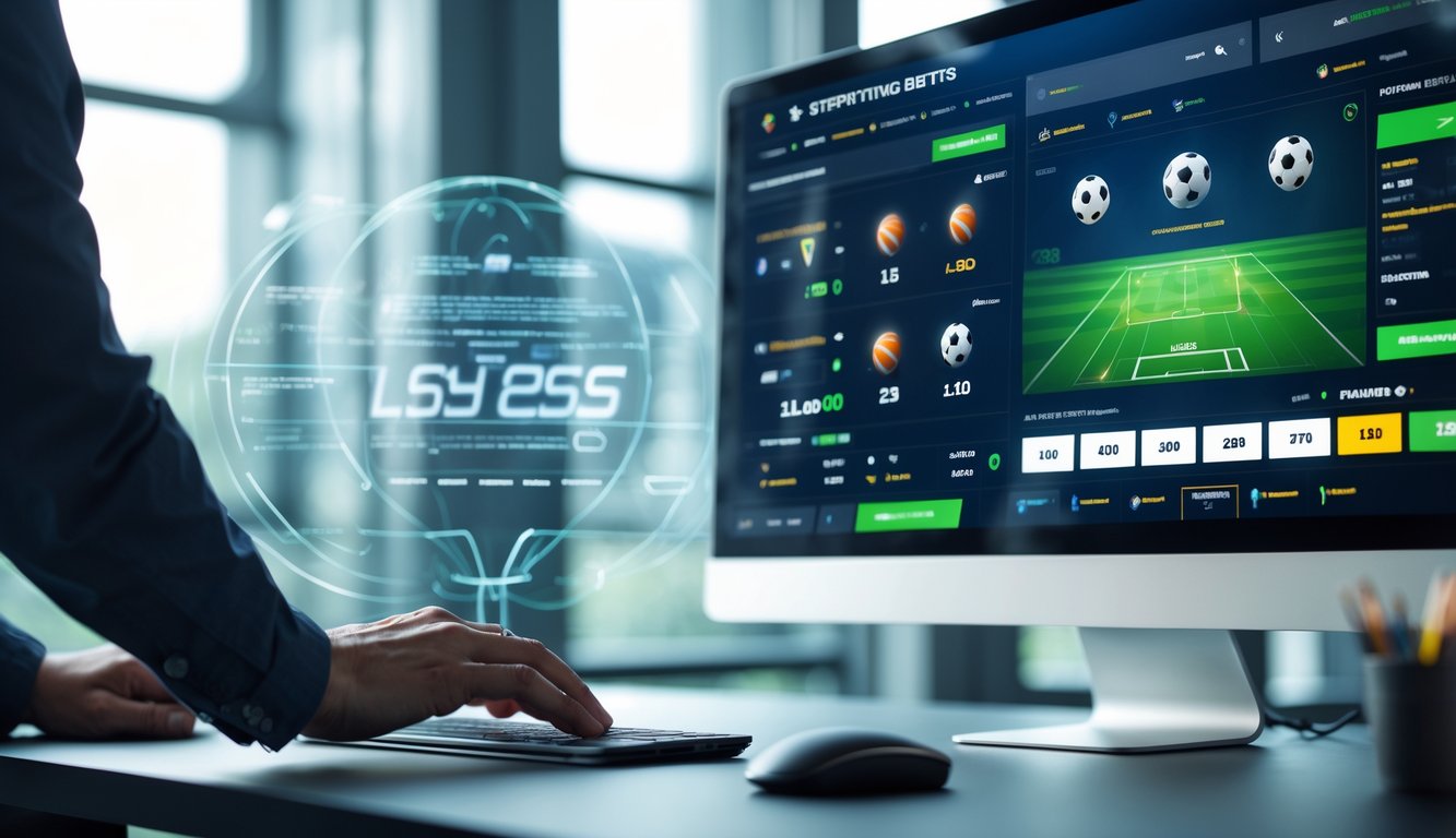 Seseorang menggunakan komputer dengan tampilan antarmuka taruhan olahraga online yang modern dan lengkap.