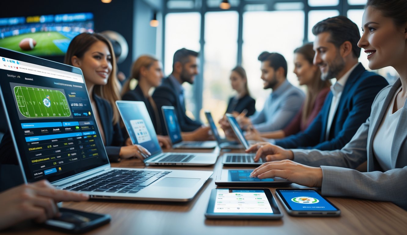 Beberapa orang menggunakan perangkat digital di ruangan modern untuk pengalaman taruhan olahraga online.